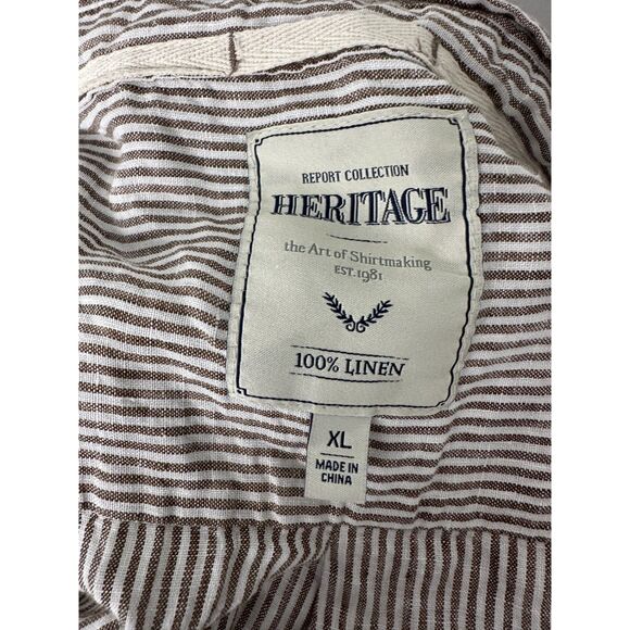 Report Collection Heritage XL Brown Stripe 100% Linen Button Shirt Men - Picture 5 of 6